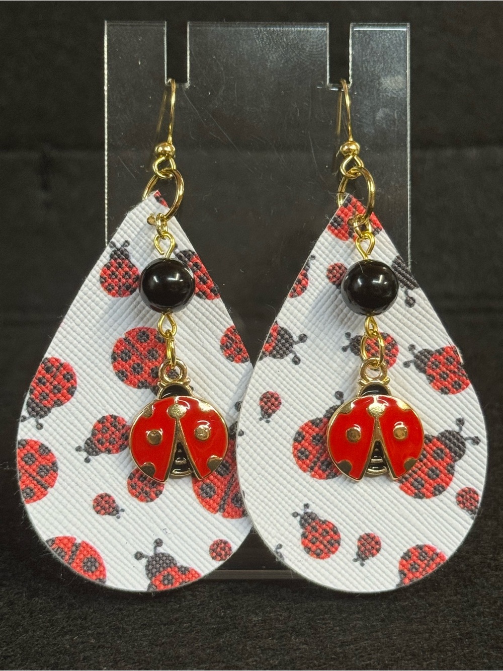 Whimsical Faux Leather Ladybug Teardrop Earrings